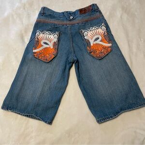 Denim Shorts with Orange Embroidered Pockets